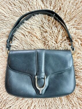 VTG Gucci Black Leather Gold Stirrup Adjustable Strap Shoulder Bag Needs Repair!